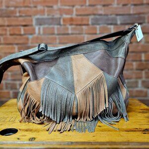 Fringe Leather Patchwork Hobo Bag by Cut N Paste in Brown